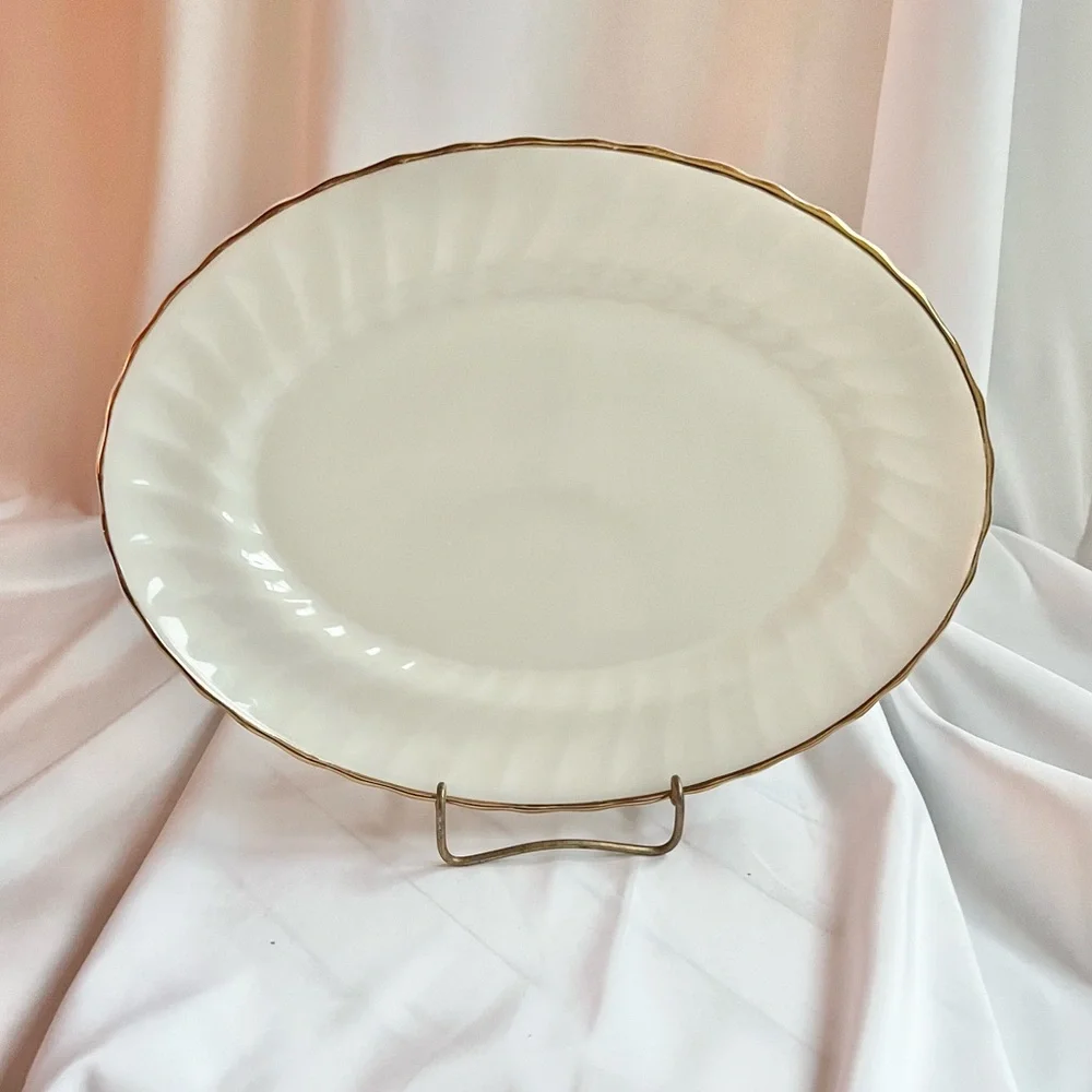 Vintage Fire King Milk Glass Swirl Platter, Gold Trim, 13